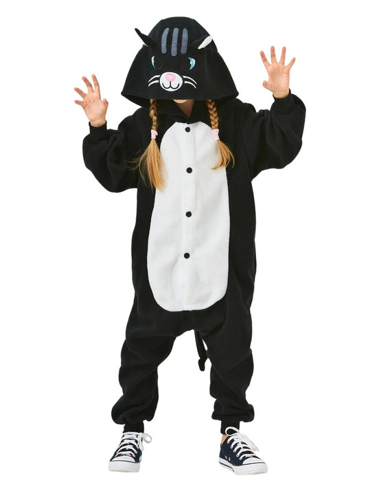 Schwarze Katze Tier Onesie für Kinder Pyjama Karneval